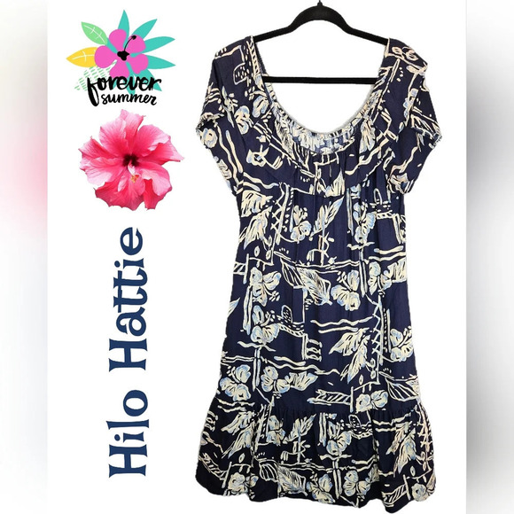 Hilo Hattie Dresses & Skirts - Hilo Hattie Womens Navy White Tropical Hawaiian Pull Over Dress Sz M Vacation